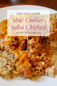 Cheesy Slow Cooker Salsa Chicken, a delicious, low calorie dinner recipe that is easy to make and big on flavour! #fitandfrugalmommy #slowcookerrecipes #dinnerrecipes #healthyrecipes #health #eatclean