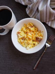 Cheesy Bacon Scramble, a quick and easy breakfast recipe that's healthy, low carb and keto! #fitandfrugalmommy