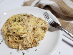 Chicken Caesar Spaghetti Squash. A low carb, keto dinner recipe that's so creamy and delicious. A low in calorie dinner that's big on flavour!