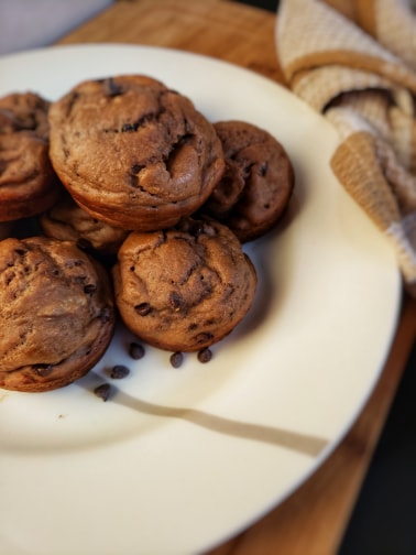Double Chocolate Protein Muffin, a quick and easy, healthy snack recipe.