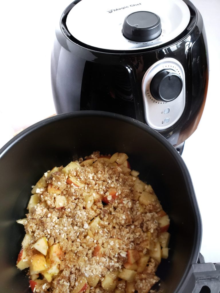 Healthy air fryer apple crisp, a gluten free, low calorie dessert recipe.