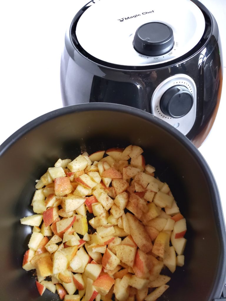 Healthy air fryer apple crisp, a gluten free, low calorie dessert recipe.