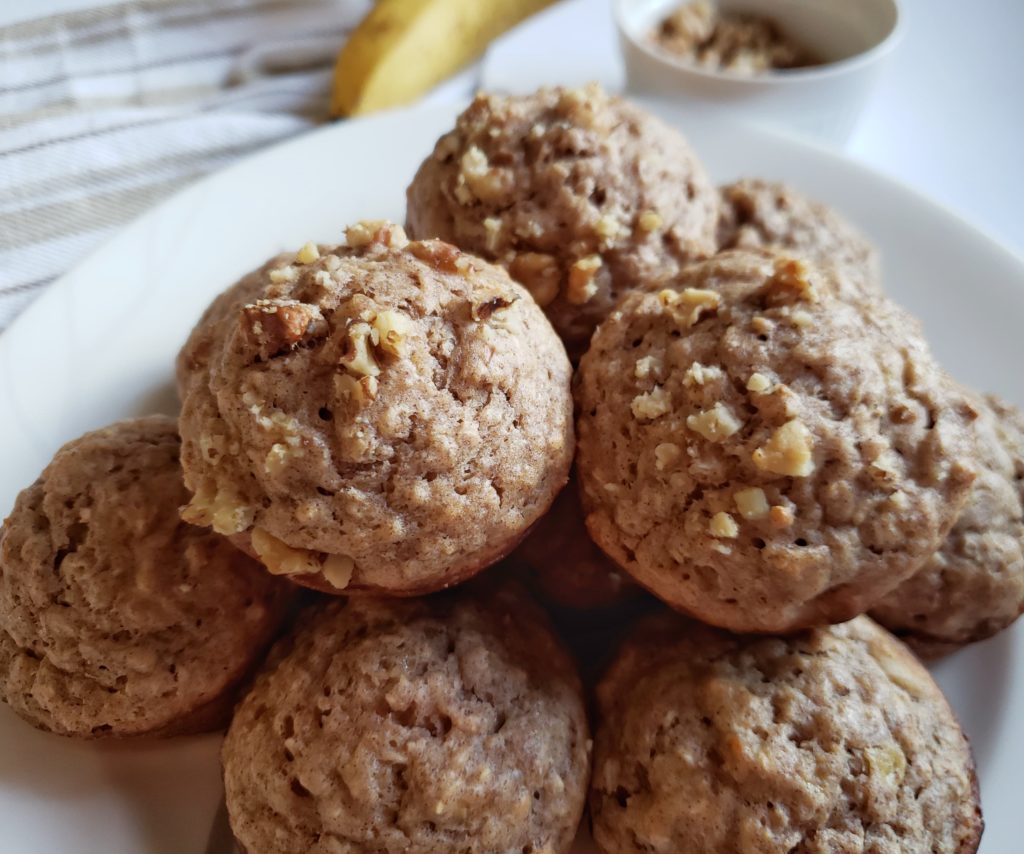 Skinny Banana Walnut Breakfast Muffin, a quick and easy, low calorie, healthy breakfast recipe that's easy to meal prep and great for on the go.